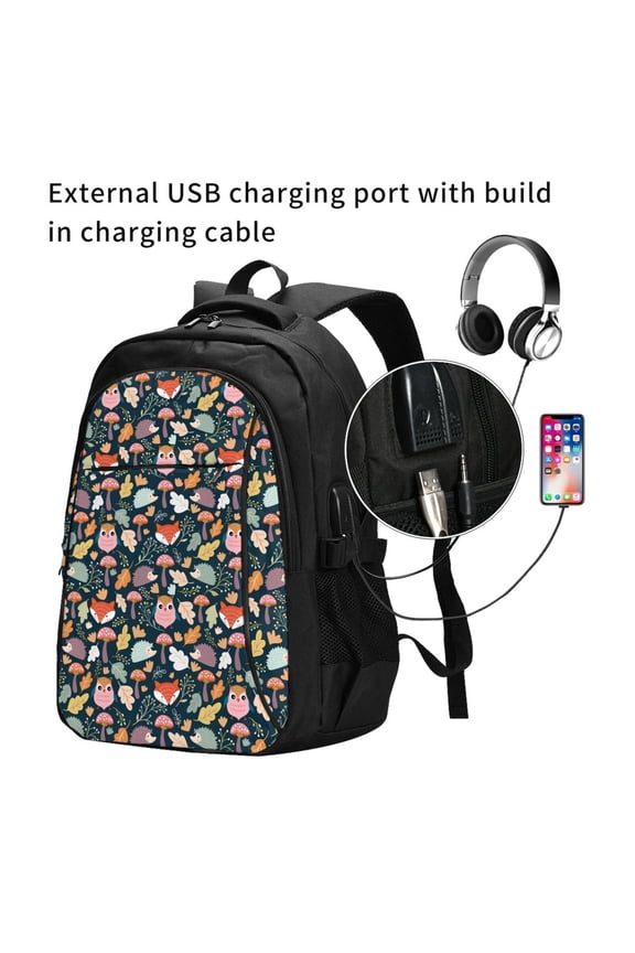 Autumn Fox Owl Print Travel Laptop Backpack,Slim Sturdy Laptops Backpack with USB Charging Port, Water Resistant College School Computer Bag
