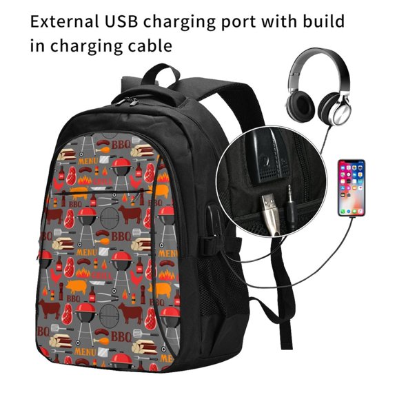 Ratiio BBQ Icons Print Travel Laptop Backpack,Slim Sturdy Laptops Backpack with USB Charging Port, Water Resistant College School Computer Bag