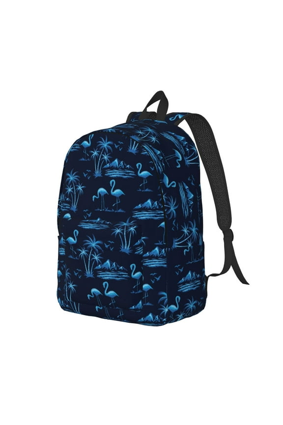 BLUE Flamingo Birds Print Canvas Backpack for Women & Men Retro Aesthetic Rucksack Basic Backpack for High School/College Students Travel Laptop Bag