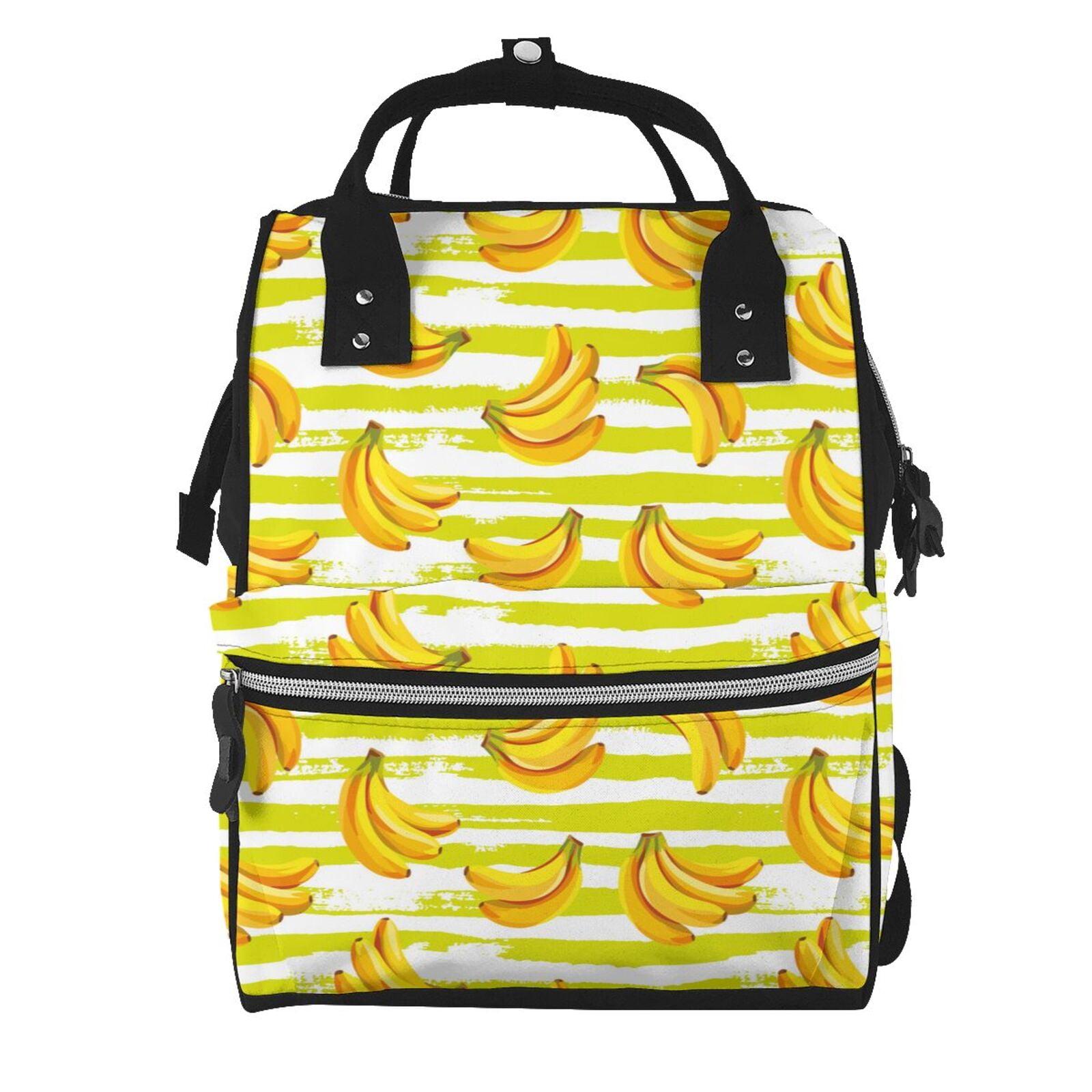 Ratiio Bananas On A Striped Mummy Backpack - Waterproof Twill Canvas, Large Capacity Diaper Bag with Multiple Pockets and Adjustable Straps