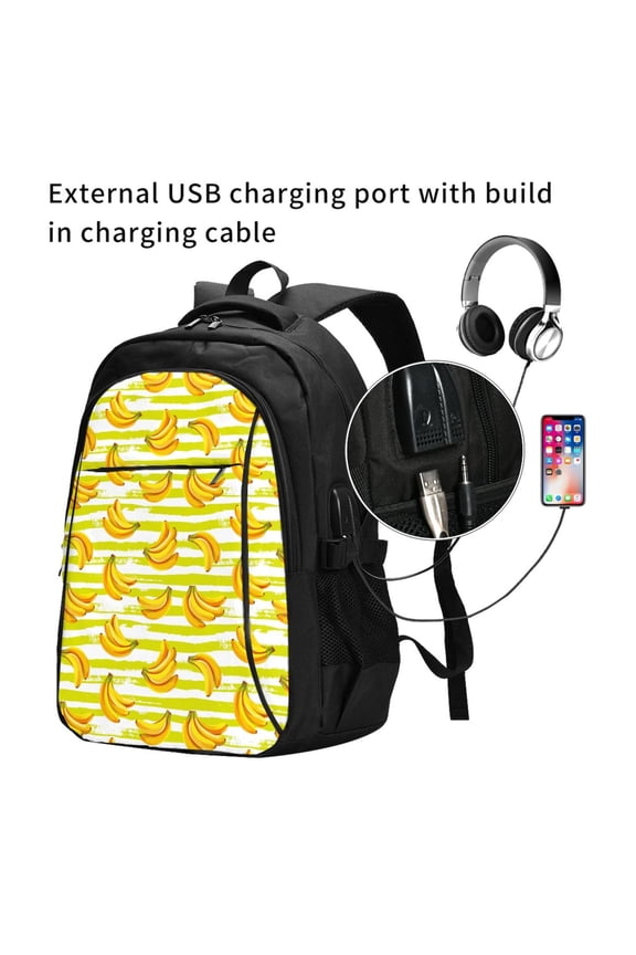 Bananas On A Striped Print Travel Laptop Backpack,Slim Sturdy Laptops Backpack with USB Charging Port, Water Resistant College School Computer Bag