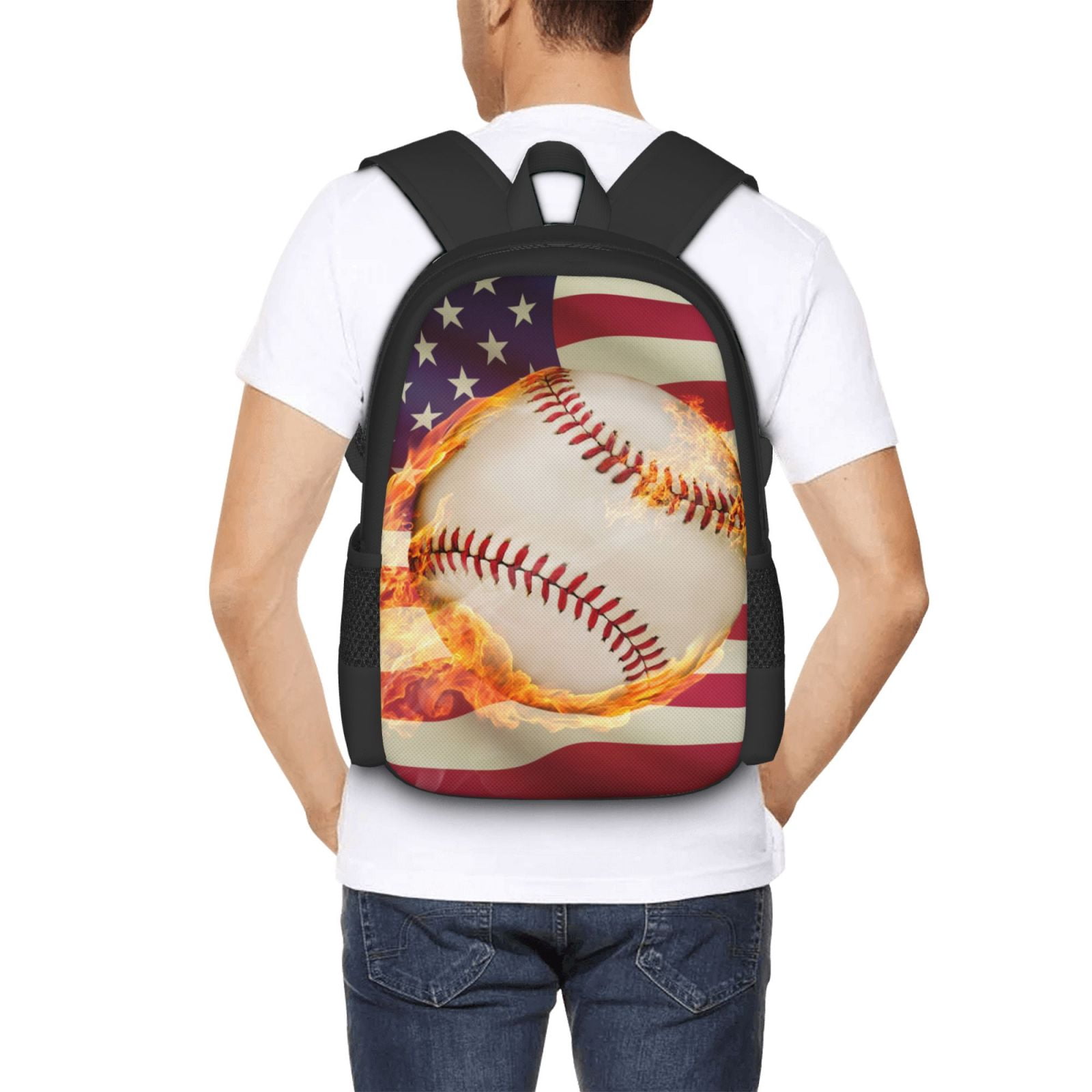 Ratiio Baseball Ball With Flag Backpack for Men and Women - Durable 600D Oxford Cloth -Large Capacity, Water-Resistant School, Travel, and Hiking Bag