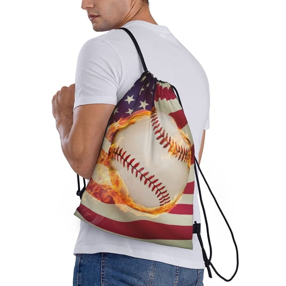 Ratiio Baseball Ball With Flag Print Drawstring Backpack Bag Sport Gym Sackpack Heavy Duty String Backpack for Men Women
