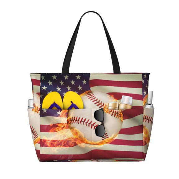Ratiio Baseball Ball With Flag Print Large Capacity Beach Travel Bag, Polyester Waterproof Tote Bag with Zipper for Vacation and Daily Use