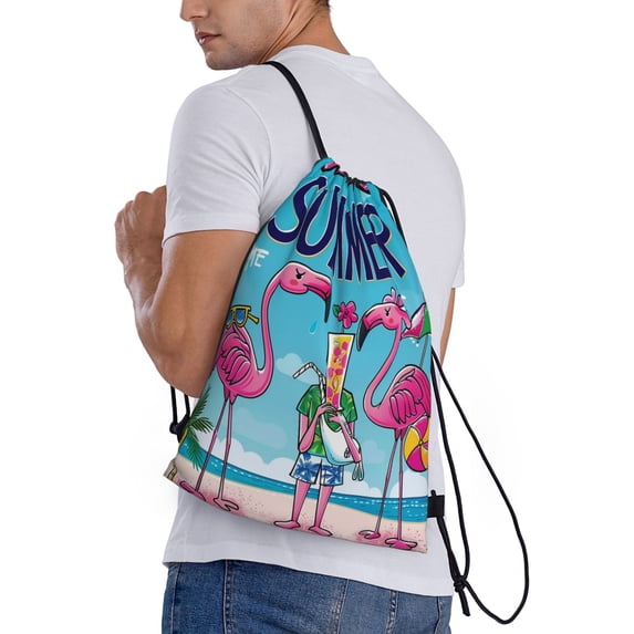 Ratiio Beach Flamingo Trio Print Drawstring Backpack Bag Sport Gym Sackpack Heavy Duty String Backpack for Men Women