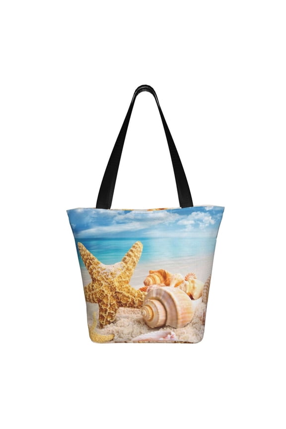 Beach Starfish Shell Print Shoulder Bag for Women, Polyester Crossbody Purse Lightweight Handbag for Daily Travel and Casual Use