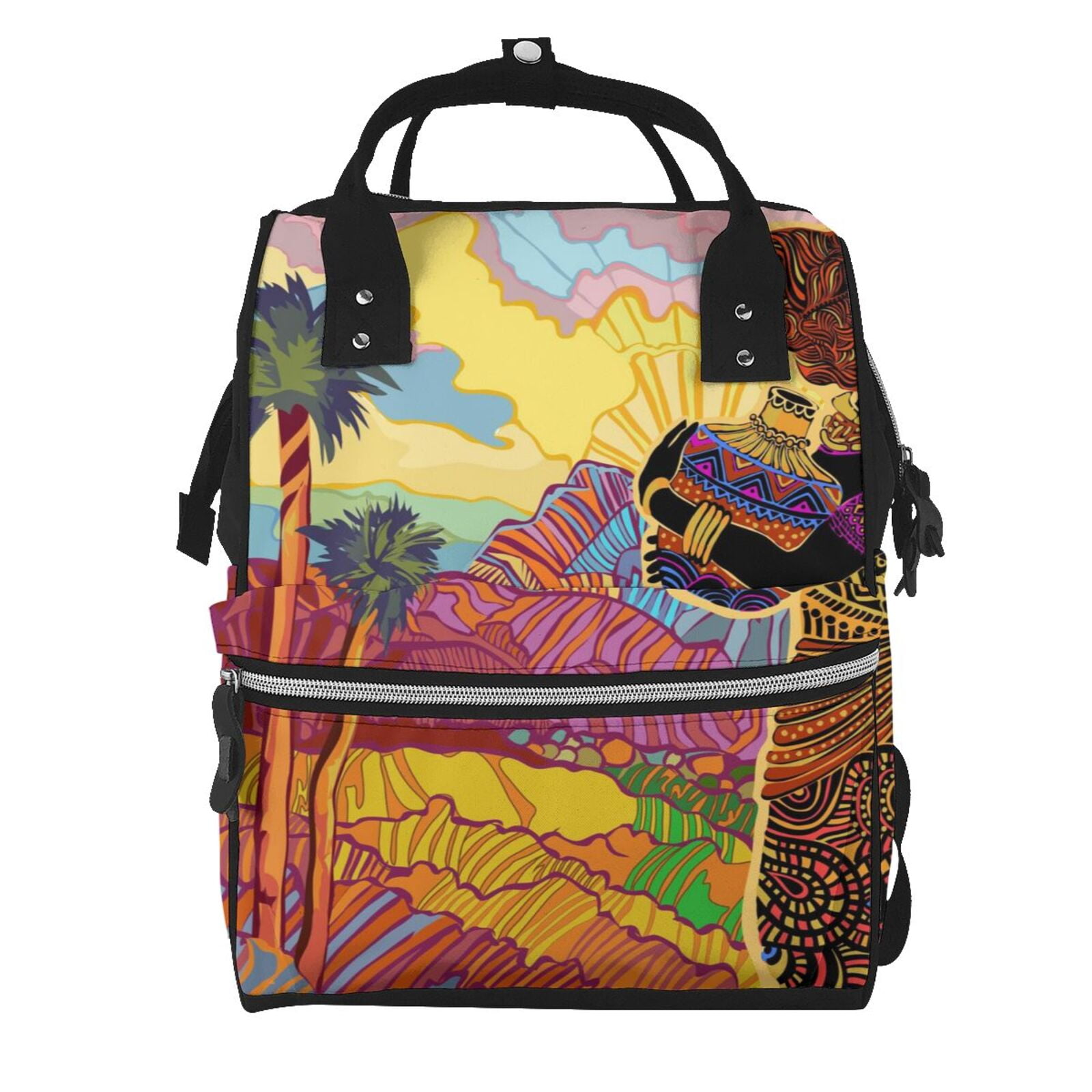 Ratiio Beautiful African Woman Mummy Backpack - Waterproof Twill Canvas, Large Capacity Diaper Bag with Multiple Pockets and Adjustable Straps