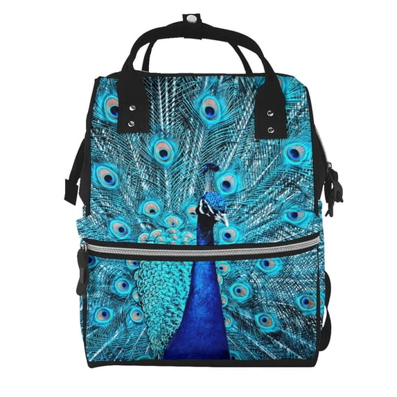 Ratiio Beautiful Blue Peacock Mummy Backpack - Waterproof Twill Canvas, Large Capacity Diaper Bag with Multiple Pockets and Adjustable Straps