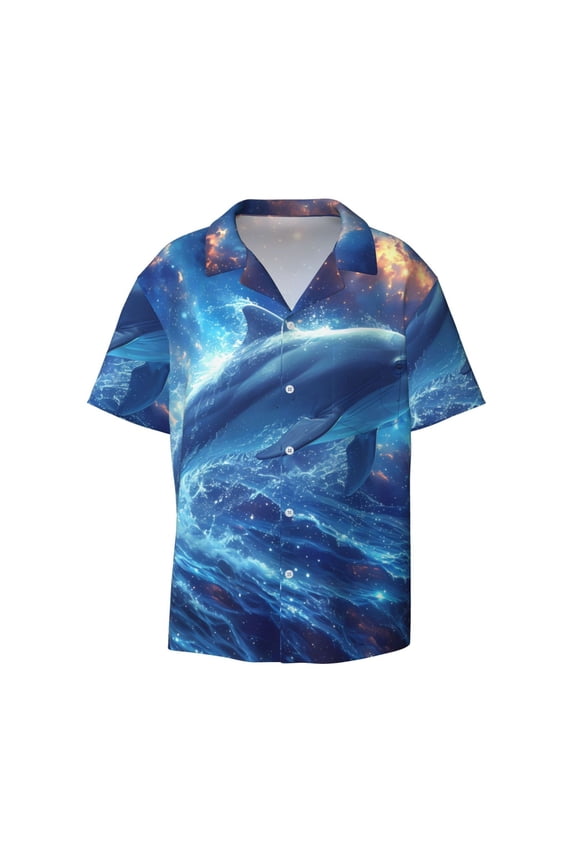 Beautiful Ocean Dolphin Print Mens Casual Short Sleeve Shirts Button Down Textured Shirts Summer Beach Shirt with Pocket Men's Casual Short-sleeved Shirt