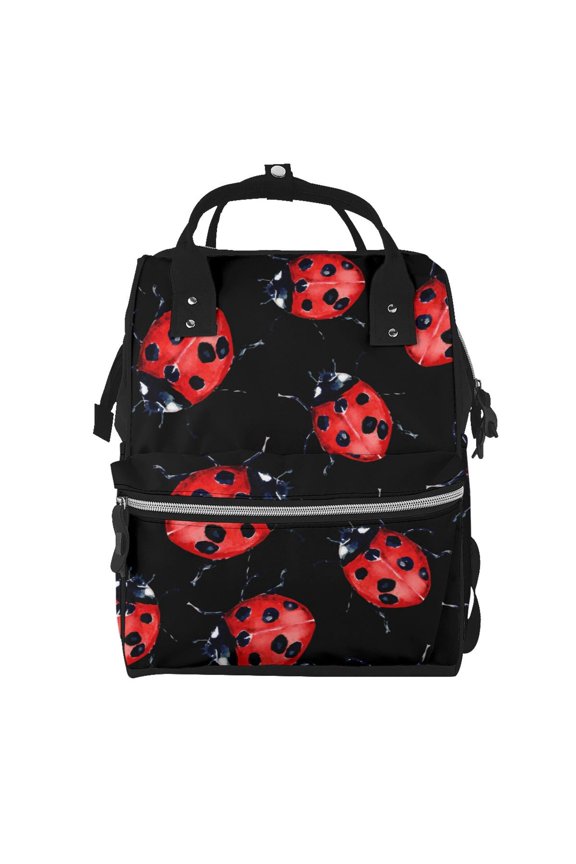 Beautiful Red Ladybug Mummy Backpack - Waterproof Twill Canvas, Large Capacity Diaper Bag with Multiple Pockets and Adjustable Straps