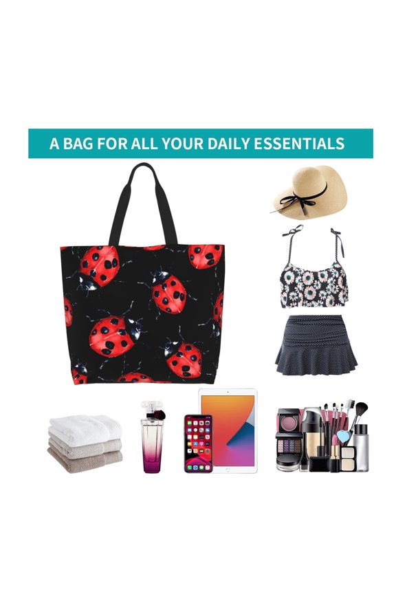 Beautiful Red Ladybug Print Reusable Grocery Bags - Washable, Foldable, Packable Tote, Large Handles, Heavy Duty, Zippered Top Pouch