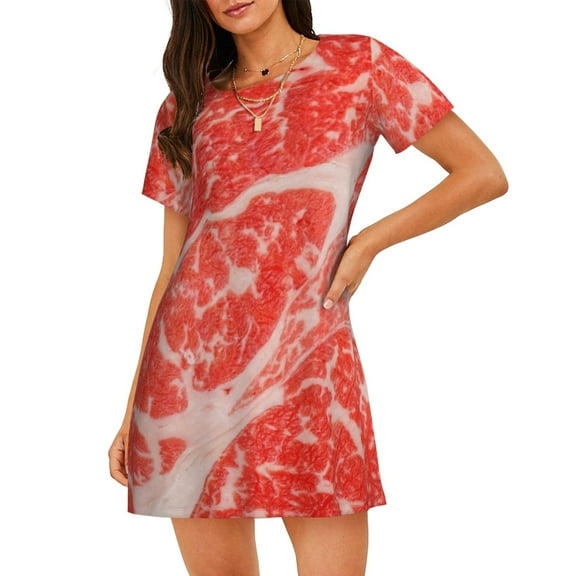 Ratiio Beef Steaks Print Women's Short-sleeved Nightdress - Casual A-line Sleeveless Sleepwear Dress for Summer, Comfortable and Breathable