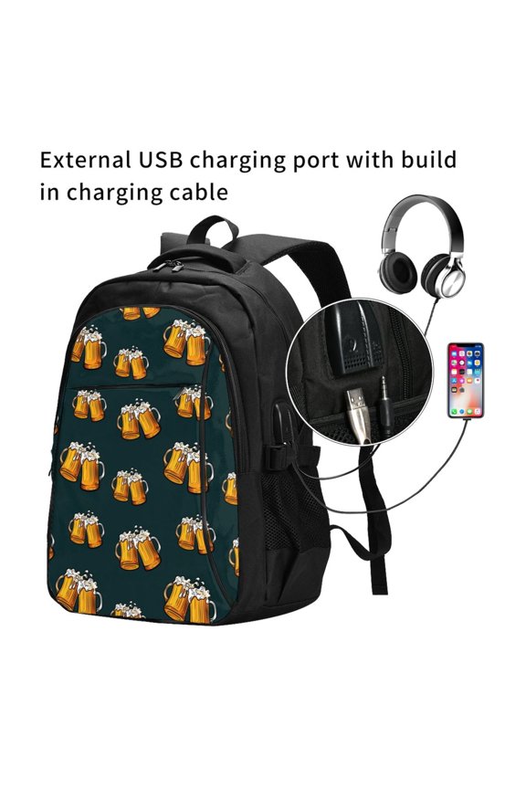 Beer Print Travel Laptop Backpack,Slim Sturdy Laptops Backpack with USB Charging Port, Water Resistant College School Computer Bag