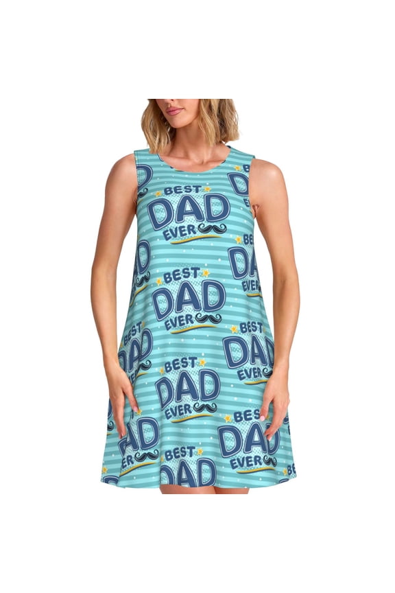 Best Dad Ever Pattern Women's Sleeveless Dress - Casual Summer Dress with Pockets, Above Knee Length, Round Neck, Ideal for Beach, Vacation, Work