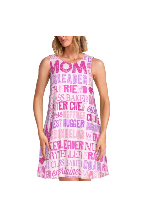 Best Mom ever Pattern Women's Sleeveless Dress - Casual Summer Dress with Pockets, Above Knee Length, Round Neck, Ideal for Beach, Vacation, Work