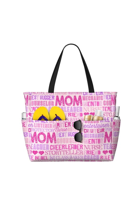 Best Mom ever Print Large Capacity Beach Travel Bag, Polyester Waterproof Tote Bag with Zipper for Vacation and Daily Use