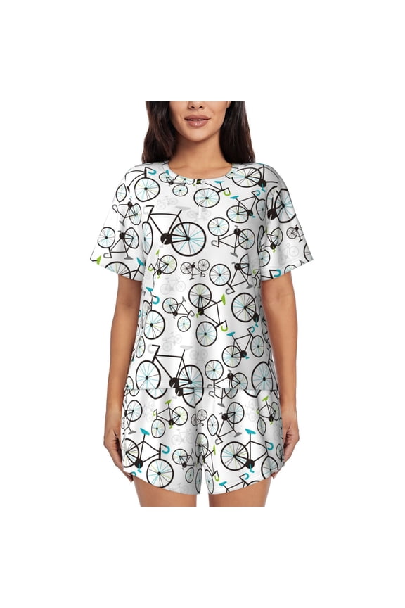 Bicycle Print Womens Pajama Sets 2 Piece Soft Short Sleeve Top and Shorts Sleepwear Round Neck Pjs Lounge Set