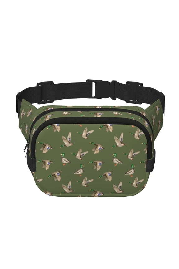 Birds Wild Ducks Pattern Square Double Layer Waist Bag, Durable Twill Fabric Waist Pack with Adjustable Belt,Outdoor Hiking, Running, Travel Waist Bag