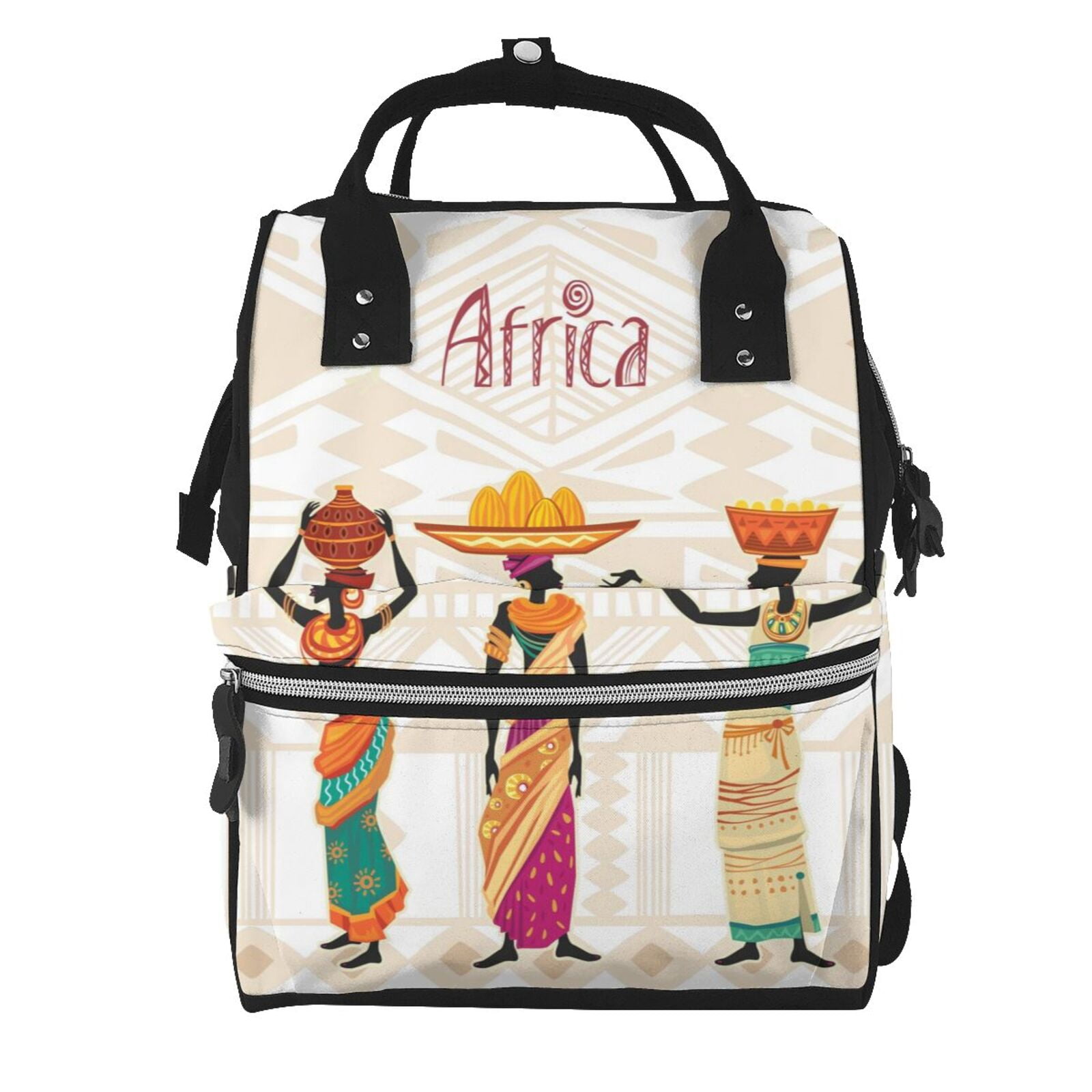 Ratiio Black African Woman Mummy Backpack - Waterproof Twill Canvas, Large Capacity Diaper Bag with Multiple Pockets and Adjustable Straps
