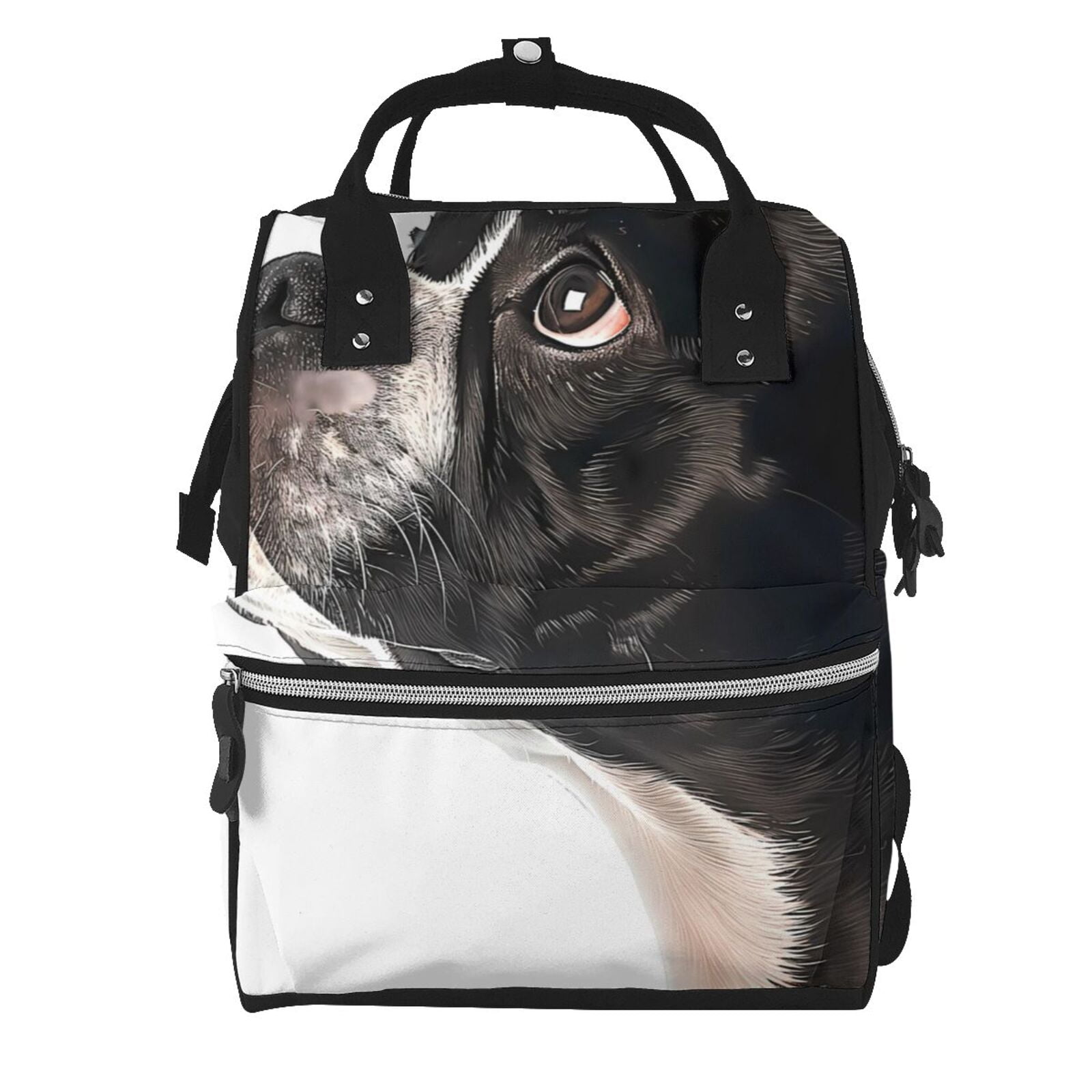 Ratiio Black And White Boston Terrier Mummy Backpack - Waterproof Twill Canvas, Large Capacity Diaper Bag with Multiple Pockets and Adjustable Straps