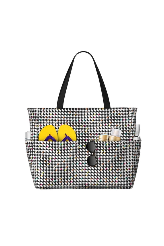 Black And White Houndstooth Print Large Capacity Beach Travel Bag, Polyester Waterproof Tote Bag with Zipper for Vacation and Daily Use