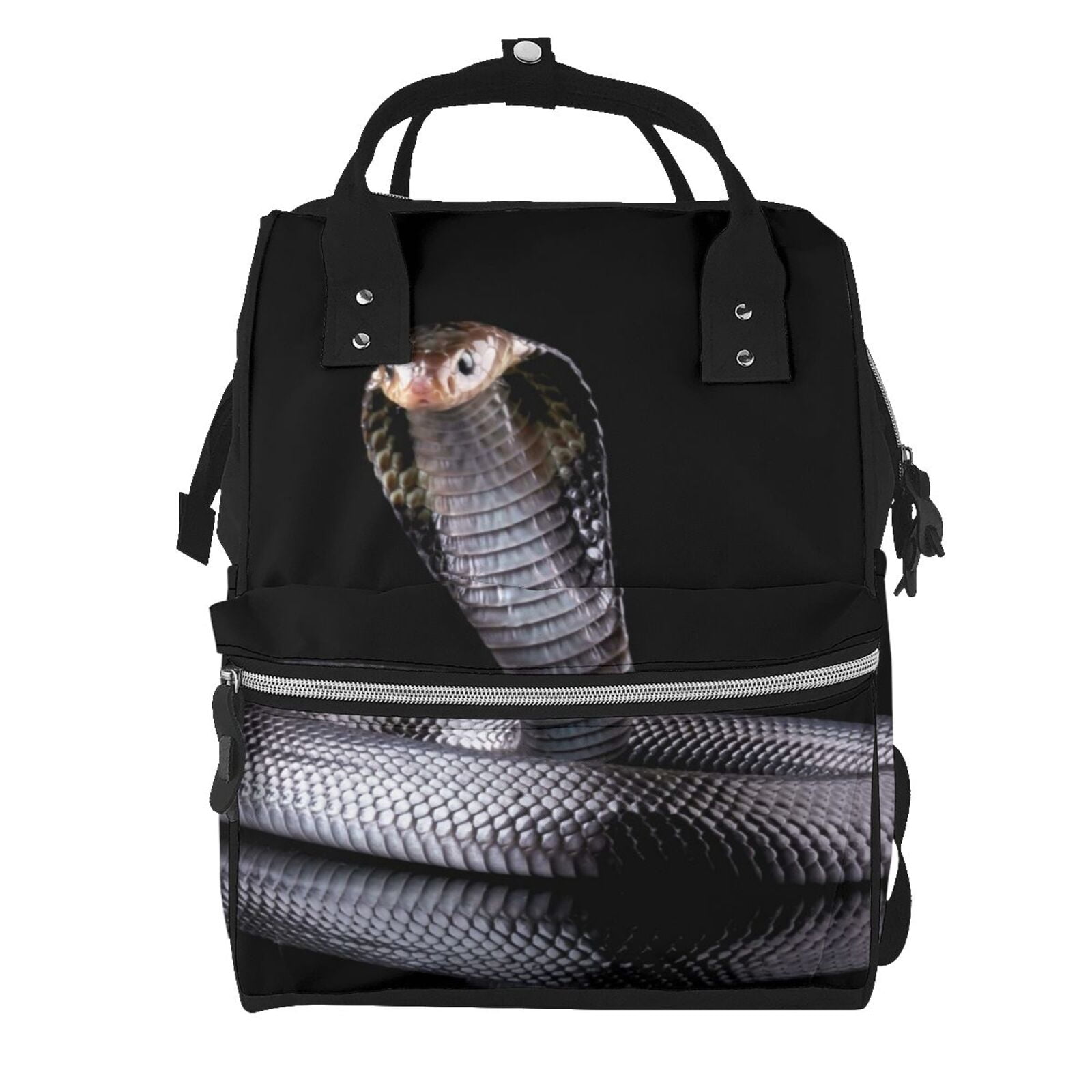 Ratiio Black Cobra Snake Mummy Backpack - Waterproof Twill Canvas, Large Capacity Diaper Bag with Multiple Pockets and Adjustable Straps