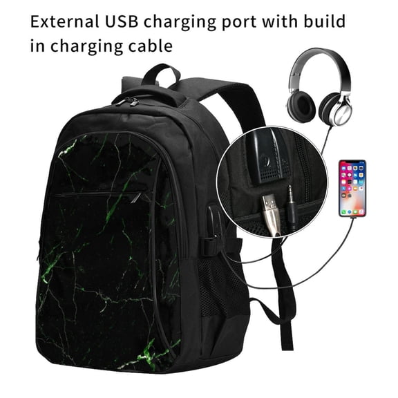 Ratiio Black Marble Print Travel Laptop Backpack,Slim Sturdy Laptops Backpack with USB Charging Port, Water Resistant College School Computer Bag
