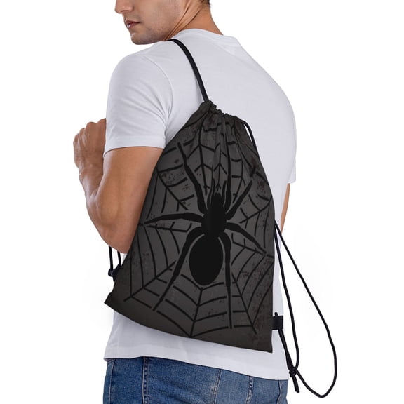 Ratiio Black Spider On Web 1 Print Drawstring Backpack Bag Sport Gym Sackpack Heavy Duty String Backpack for Men Women