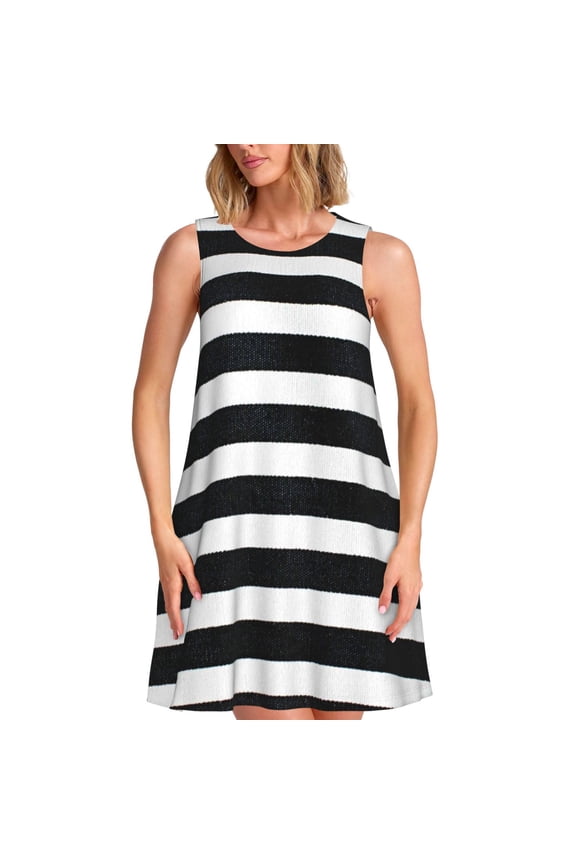 Black And White Stripes Pattern Women's Sleeveless Dress - Casual Summer Dress with Pockets, Above Knee Length, Round Neck, Ideal for Beach, Vacation, Work