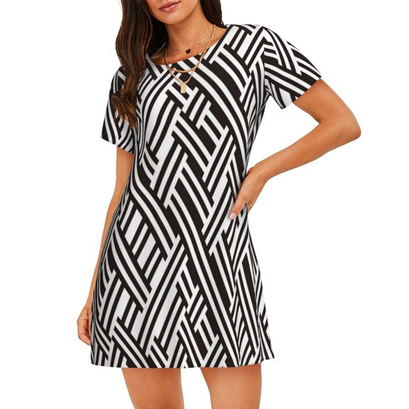 Ratiio Black White Stripes Print Women's Short-sleeved Nightdress - Casual A-line Sleeveless Sleepwear Dress for Summer, Comfortable and Breathable
