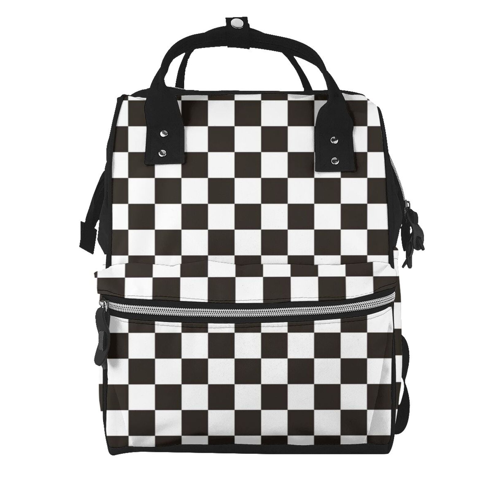 Ratiio Black and White Checkerboard Mummy Backpack - Waterproof Twill Canvas, Large Capacity Diaper Bag with Multiple Pockets and Adjustable Straps