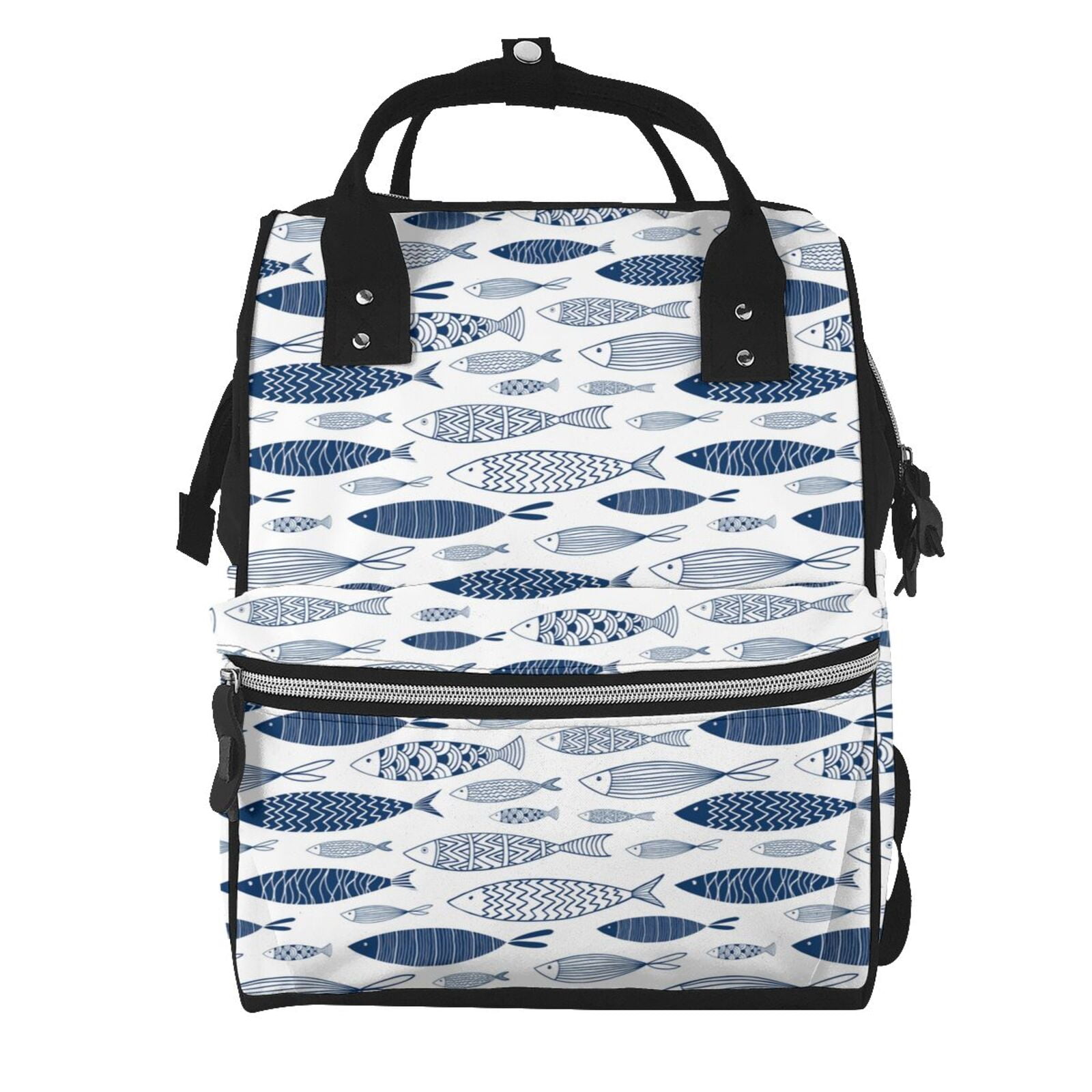 Ratiio Blue Fish Mummy Backpack - Waterproof Twill Canvas, Large Capacity Diaper Bag with Multiple Pockets and Adjustable Straps