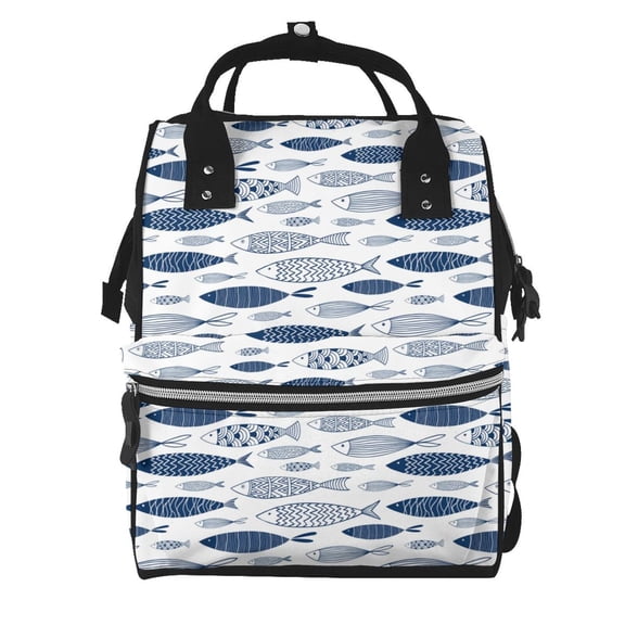 Ratiio Blue Fish Mummy Backpack - Waterproof Twill Canvas, Large Capacity Diaper Bag with Multiple Pockets and Adjustable Straps