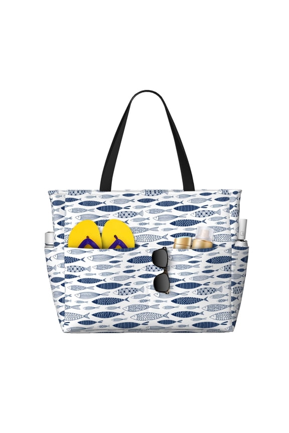 Blue Fish Print Large Capacity Beach Travel Bag, Polyester Waterproof Tote Bag with Zipper for Vacation and Daily Use