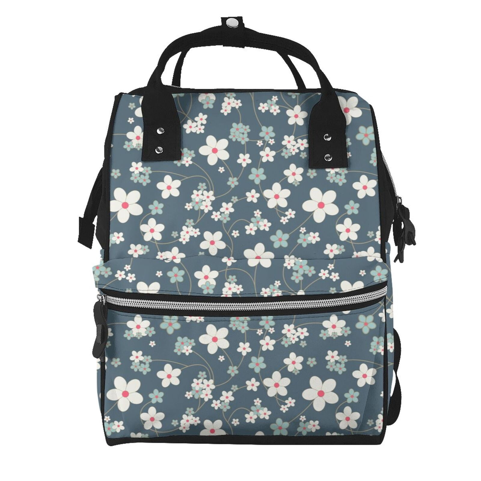 Ratiio Blue Flower Mummy Backpack - Waterproof Twill Canvas, Large Capacity Diaper Bag with Multiple Pockets and Adjustable Straps