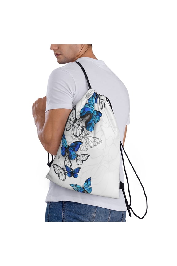 Blue Flying Butterflies Print Drawstring Backpack Bag Sport Gym Sackpack Heavy Duty String Backpack for Men Women