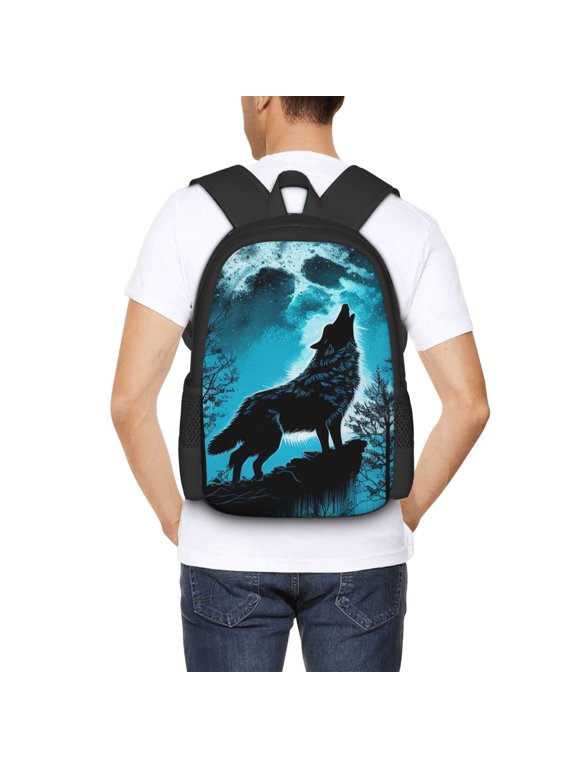 Blue Full Moon Wolf Backpack for Men and Women - Durable 600D Oxford Cloth -Large Capacity, Water-Resistant School, Travel, and Hiking Bag