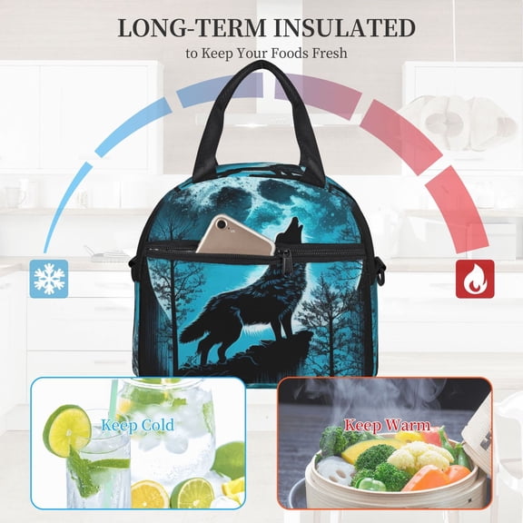 Ratiio Blue Full Moon Wolf Pattern Lunch Bag ,Insulated Lunch Box, Small Leakproof Cooler Food Lunch Containers Reusable High Capacity Lunch Tote Bags