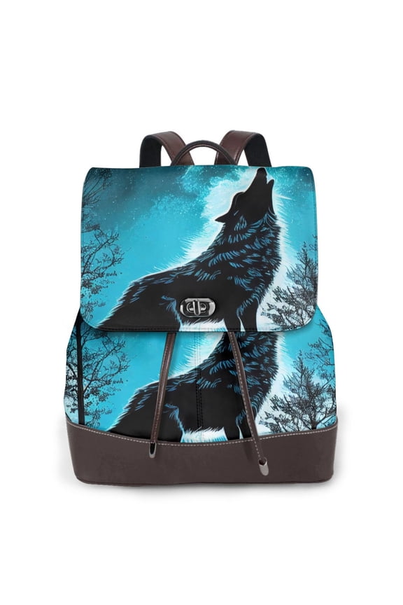 Blue Full Moon Wolf Pattern Womens Backpack Purse Leather Backpack Purse for Women Travel Fashion Backpack Designer Ladies Shoulder Bags