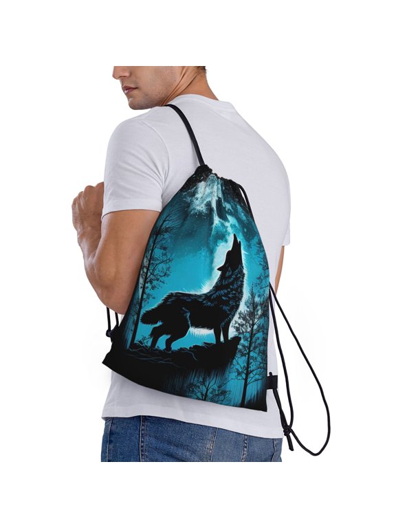 Blue Full Moon Wolf Print Drawstring Backpack Bag Sport Gym Sackpack Heavy Duty String Backpack for Men Women