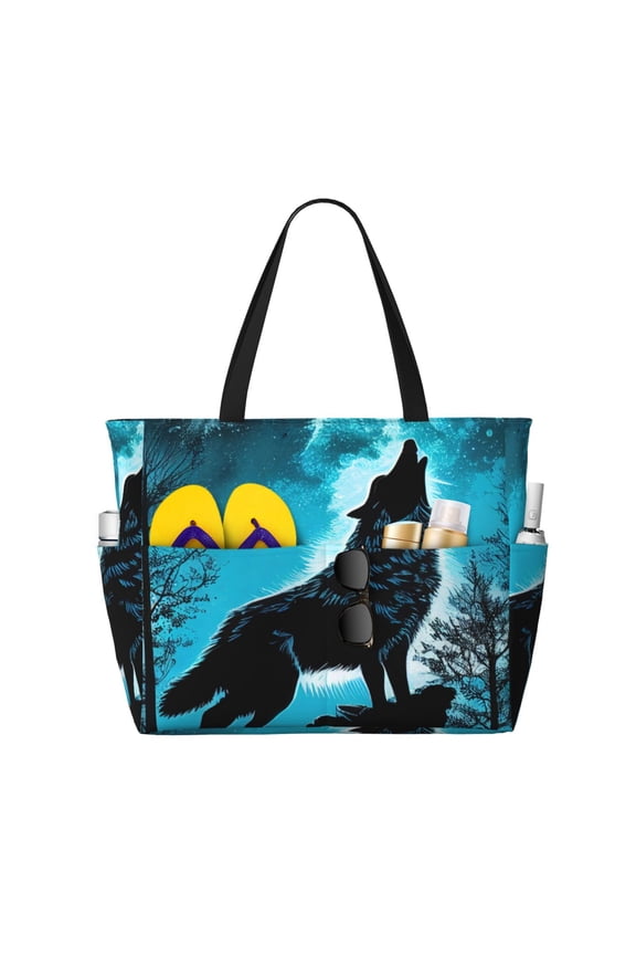 Blue Full Moon Wolf Print Large Capacity Beach Travel Bag, Polyester Waterproof Tote Bag with Zipper for Vacation and Daily Use