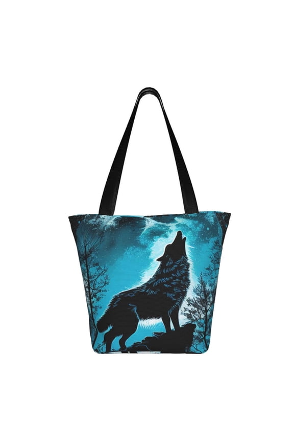 Blue Full Moon Wolf Print Shoulder Bag for Women, Polyester Crossbody Purse Lightweight Handbag for Daily Travel and Casual Use