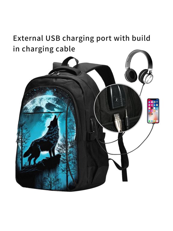 Blue Full Moon Wolf Print Travel Laptop Backpack,Slim Sturdy Laptops Backpack with USB Charging Port, Water Resistant College School Computer Bag