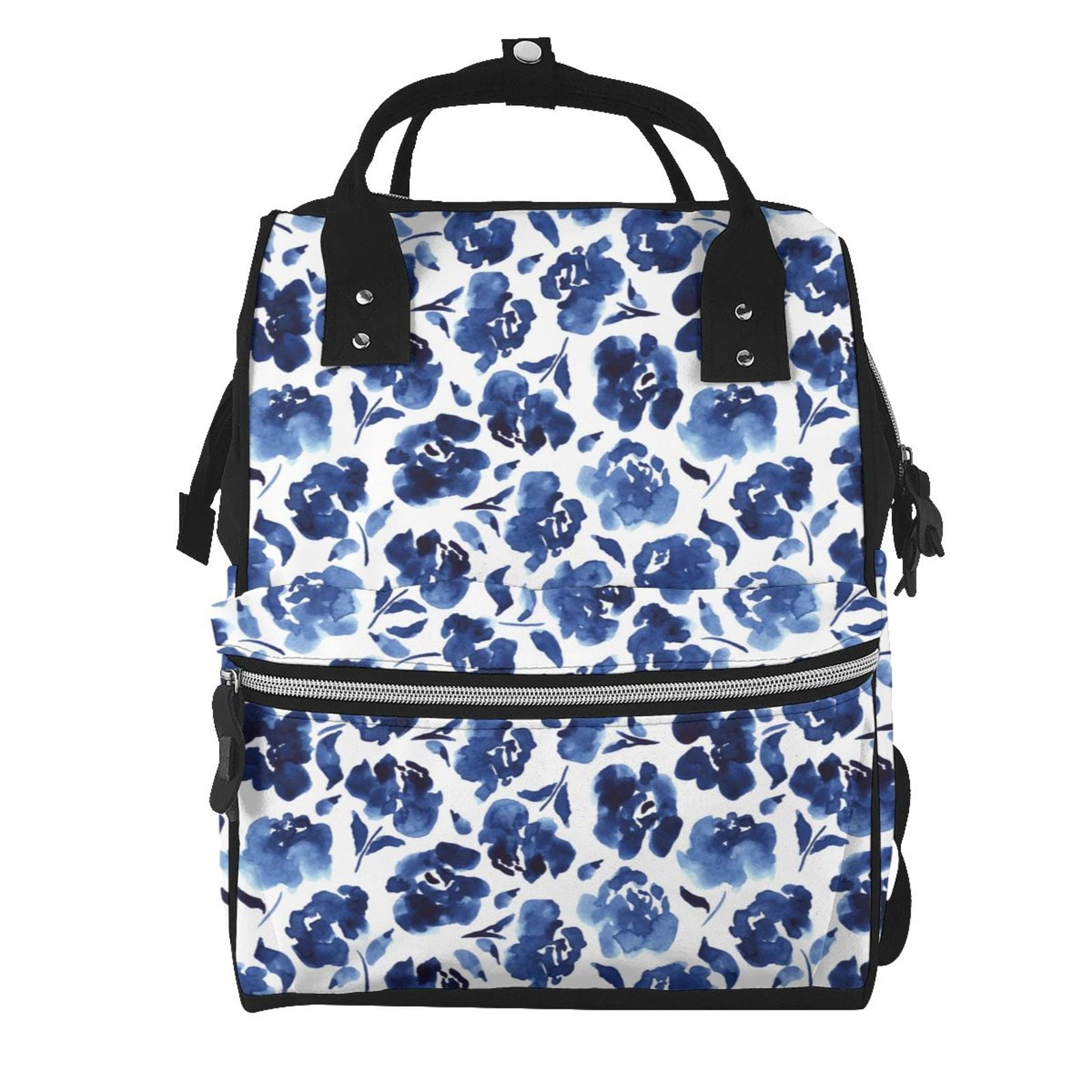 Ratiio Blue Ink Flowers Mummy Backpack - Waterproof Twill Canvas, Large Capacity Diaper Bag with Multiple Pockets and Adjustable Straps