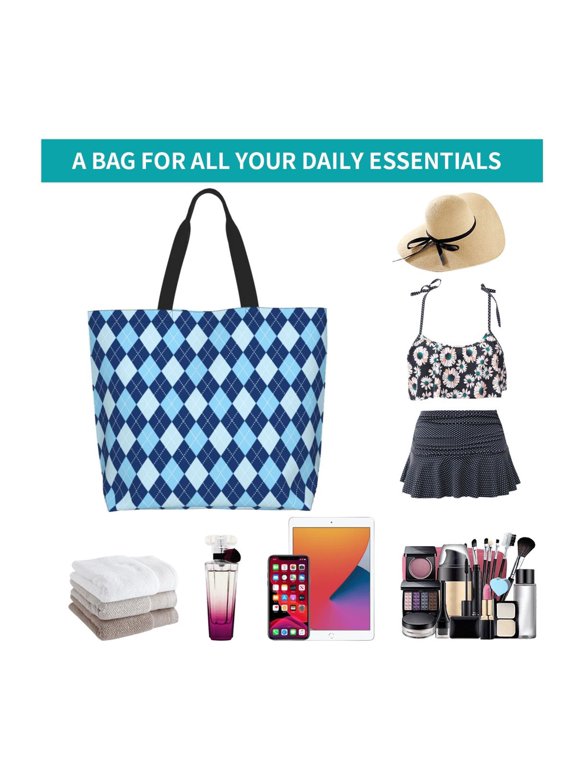Blue Squares Print Reusable Grocery Bags - Washable, Foldable, Packable Tote, Large Handles, Heavy Duty, Zippered Top Pouch