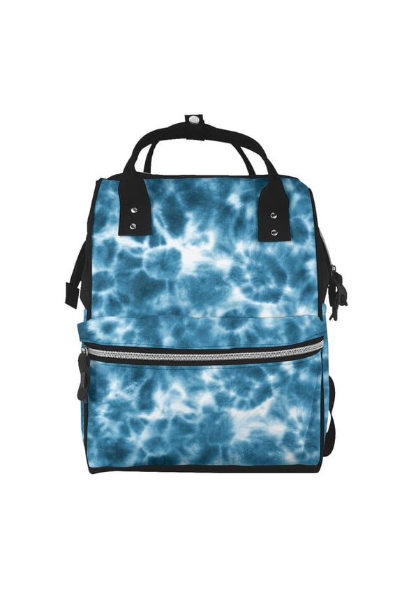 Blue Tie Dye Mummy Backpack - Waterproof Twill Canvas, Large Capacity Diaper Bag with Multiple Pockets and Adjustable Straps
