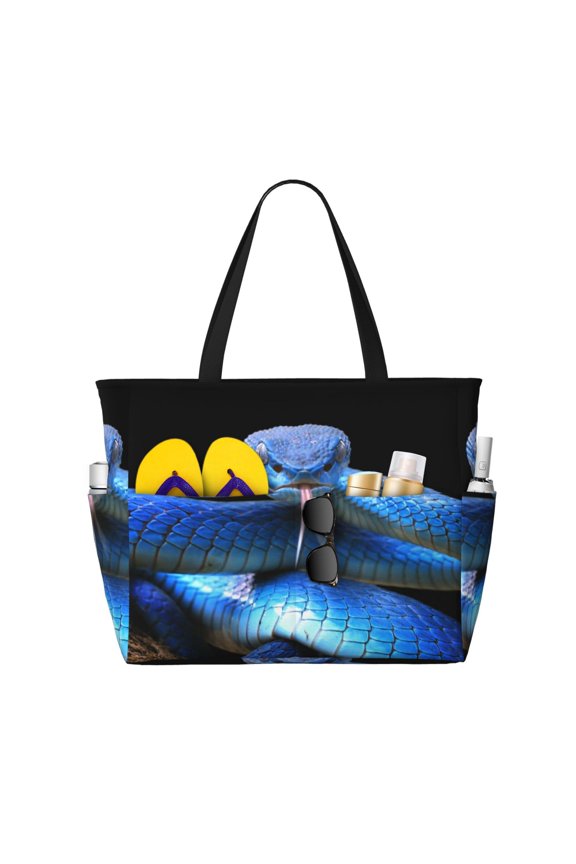 Blue Viper Snake Print Large Capacity Beach Travel Bag, Polyester Waterproof Tote Bag with Zipper for Vacation and Daily Use