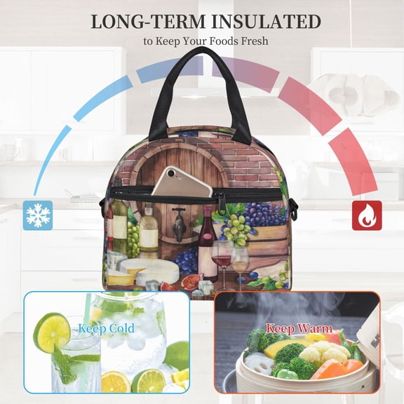 Ratiio Bottle Glass Red Wine Pattern Lunch Bag ,Insulated Lunch Box, Small Leakproof Cooler Food Lunch Containers Reusable High Capacity Lunch Tote Bags