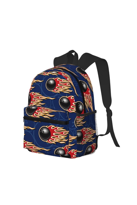 Bowling Ball And Flame Print Casual Backpack for Men and Women, Water Resistant Oxford Fabric School Bag Lightweight Travel Daypack