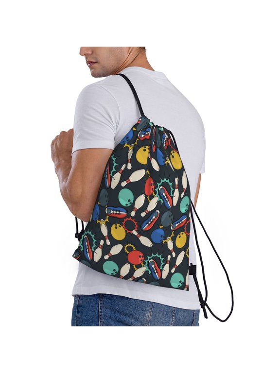 Bowling Ball Print Drawstring Backpack Bag Sport Gym Sackpack Heavy Duty String Backpack for Men Women